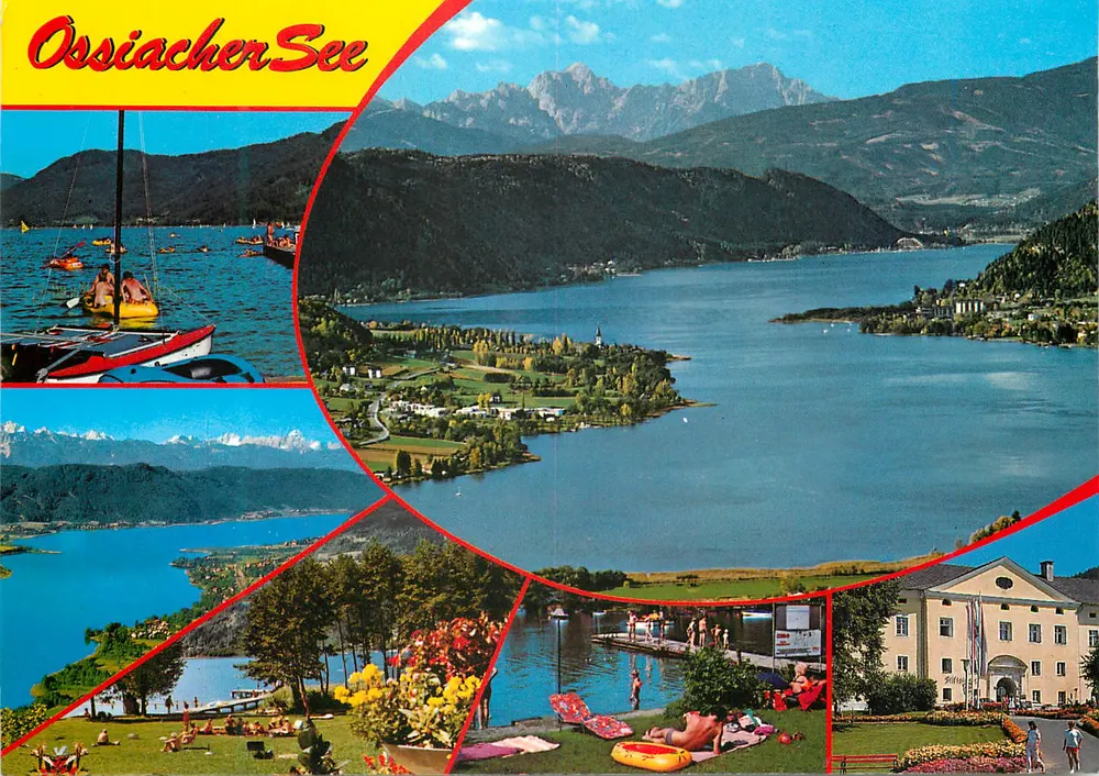 Lago de Ossiacher — vista panorâmica com montanhas e atividades lacustres — Verlag Franz Schilcher, A-9010 Klagenfurt - Frente
