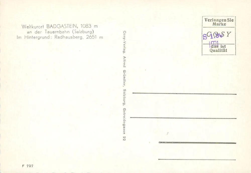 Badgastein — vue panoramique — Cosy-Verlag, Alfred Gründler, Salzbourg, série F 727 - Verso