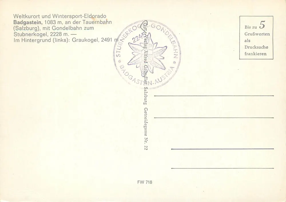 Badgastein — Weltkurort und Wintersport-Eldorado — Stubnerkogel, Graukogel — éditeur Alfred Gründler, Salzbourg - Verso
