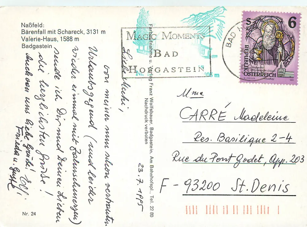 Naßfeld Badgastein — Alpiner Landschaft mit Wasserfall und schneebedeckten Bergen — Verleger Franz Wolfbauer, Nr. 24 - Rückseite