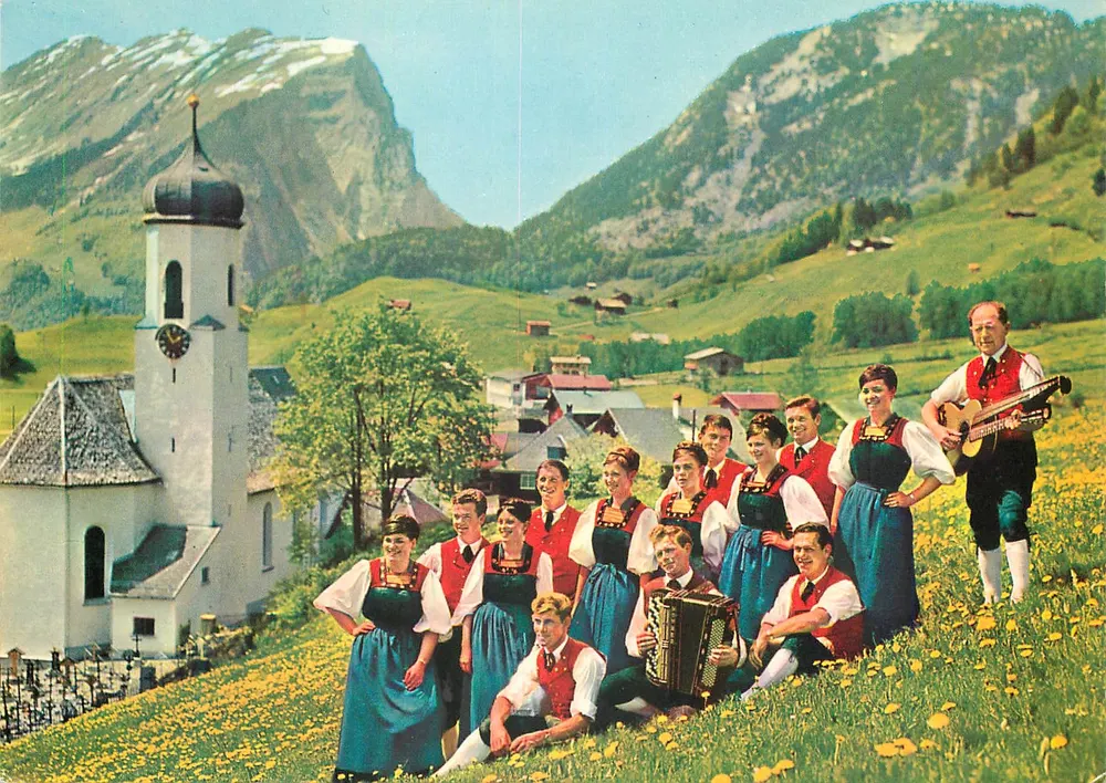 Tanz-Trachtengruppe aus Schoppernau im Bregenzerwald — Austria — Druck: Tiroler Graphik, Innsbruck - Recto