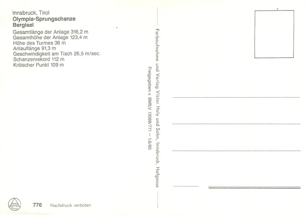 Olympia-Sprungschanze — Innsbruck, Tyrol — published by Viktor Holy und Sohn - Back