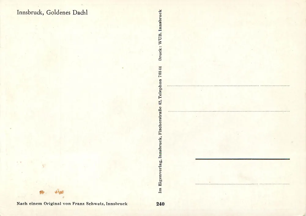 Innsbruck, Goldenes Dachl — edifício com balcão escultórico e telhado dourado — Eigenverlag Innsbruck, n°240 - Verso