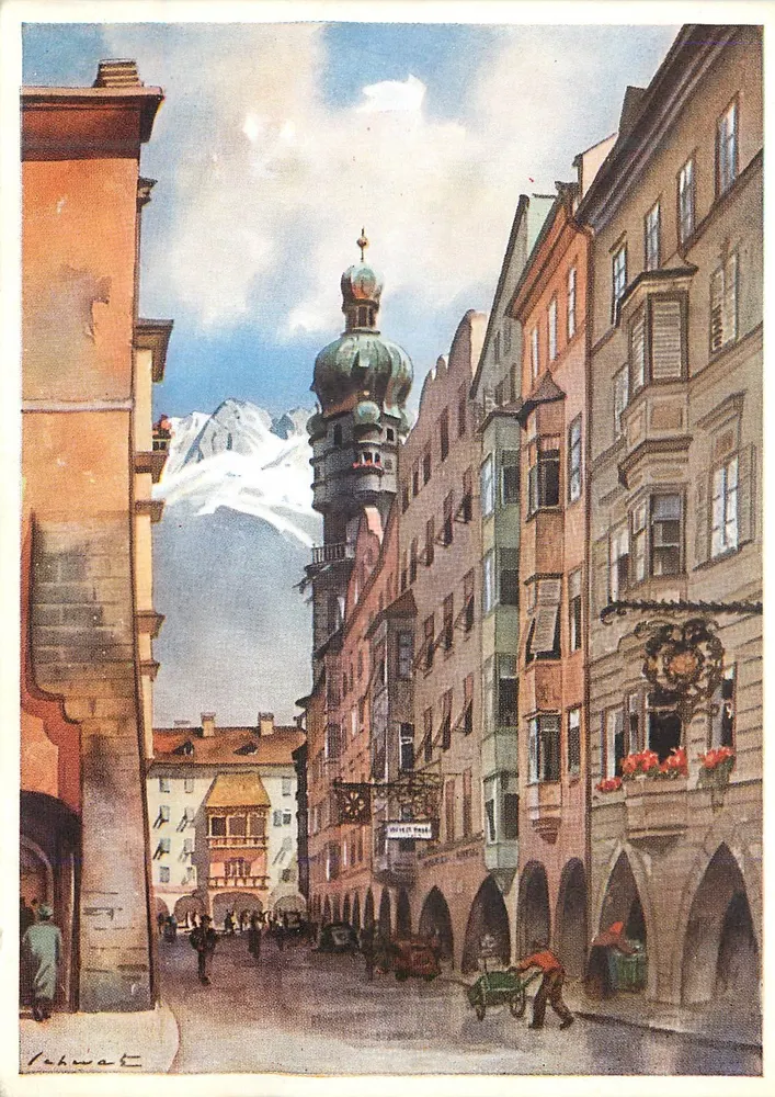 Innsbruck, Herzog-Friedrich-Straße — vista da cidade com montanha no fundo — editor Franz Schwetz, n° 236 - Frente