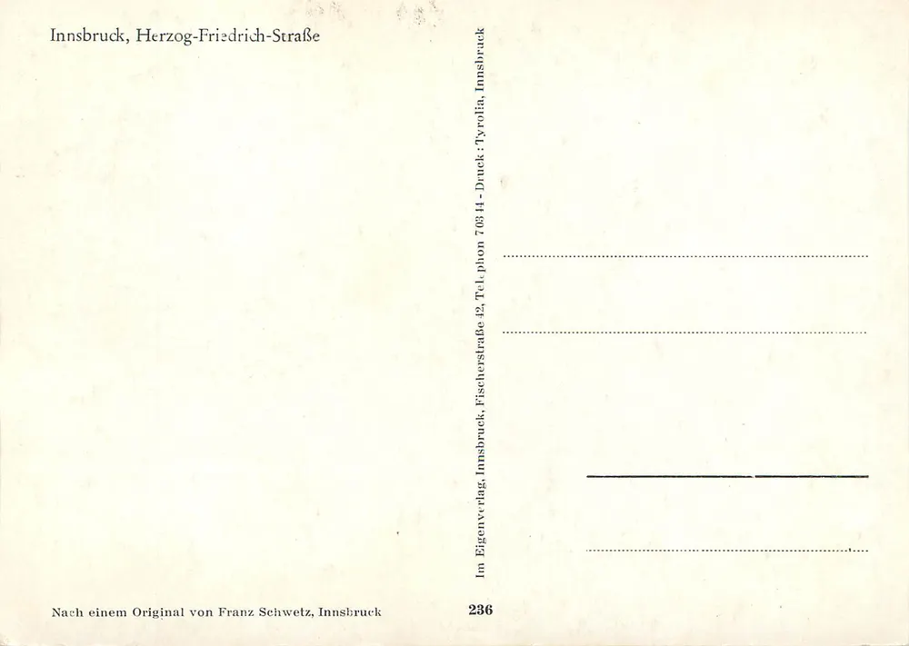 Innsbruck, Herzog-Friedrich-Straße — vista da cidade com montanha no fundo — editor Franz Schwetz, n° 236 - Verso