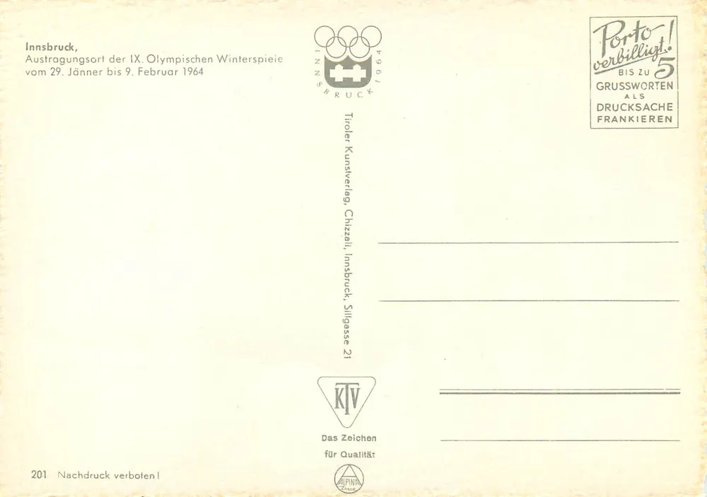 Innsbruck — Olympiastadt 1964 — Tiroler Kunstverlag - Rückseite