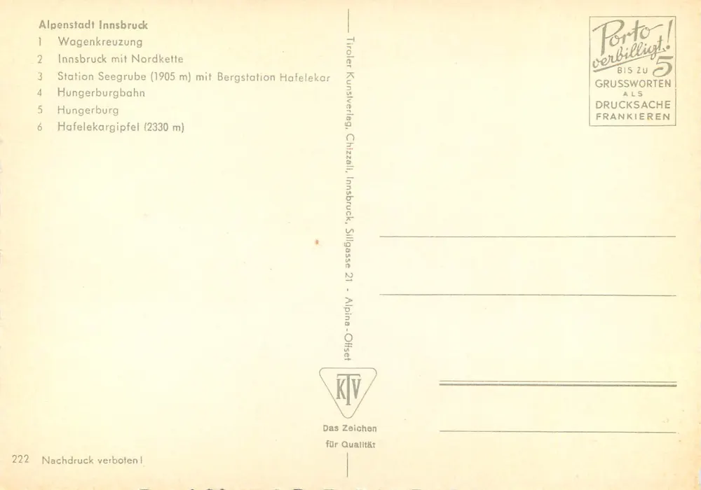 Innsbruck — Nordkettenbahn — éditeur Tiroliker Kunstverlag, Chitzell - Verso
