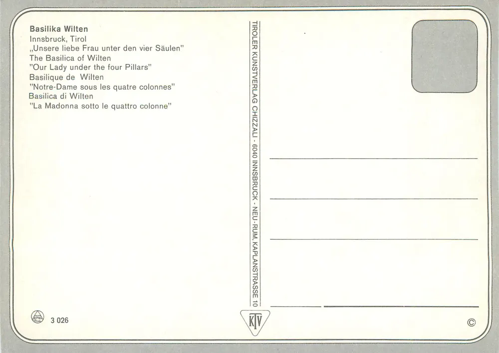 Basilika von Wilten — Innsbruck, Tirol — Verlag Tiroler Kunstverlag Chizzali, Nr. 3 026 - Rückseite