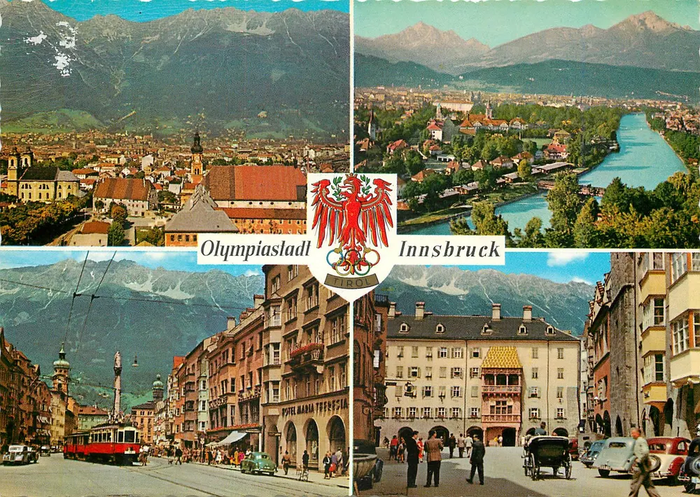 Innsbruck, Alpenstadt — vista panorâmica e rua com trem — editor Alpina, n° F 222 - Frente
