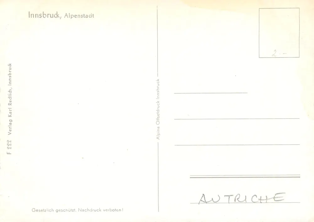 Innsbruck, Alpenstadt — vista panorâmica e rua com trem — editor Alpina, n° F 222 - Verso
