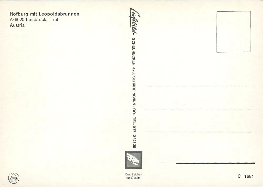 Hofburg mit Leopoldsbrunnen — Innsbruck, Österreich — Verlag SCHIEUHECKER - Rückseite