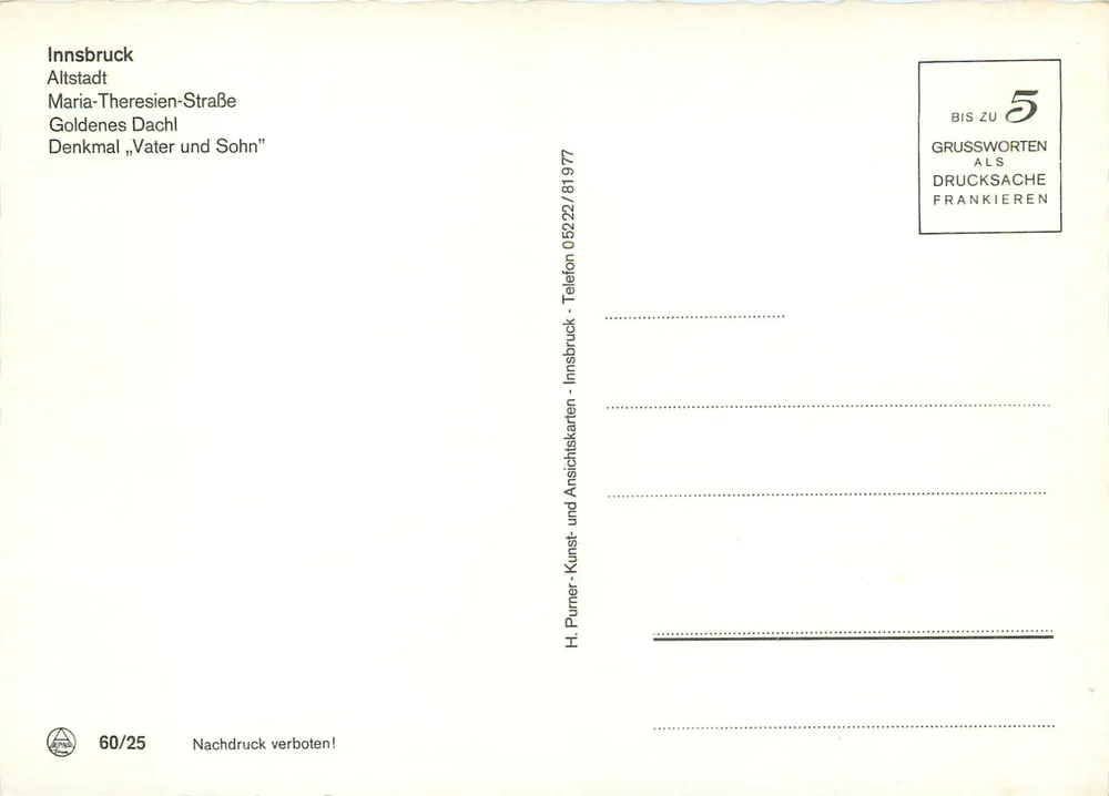 Innsbruck — vue panoramique de la ville et de ses monuments — H. Purner, série 60/25 - Verso