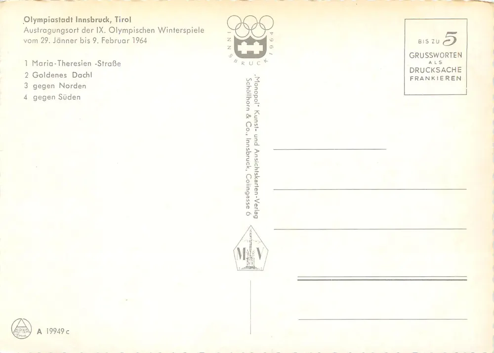Innsbruck — Olympiastadt 1964 — Monopol-Kunst & Co. - Rückseite