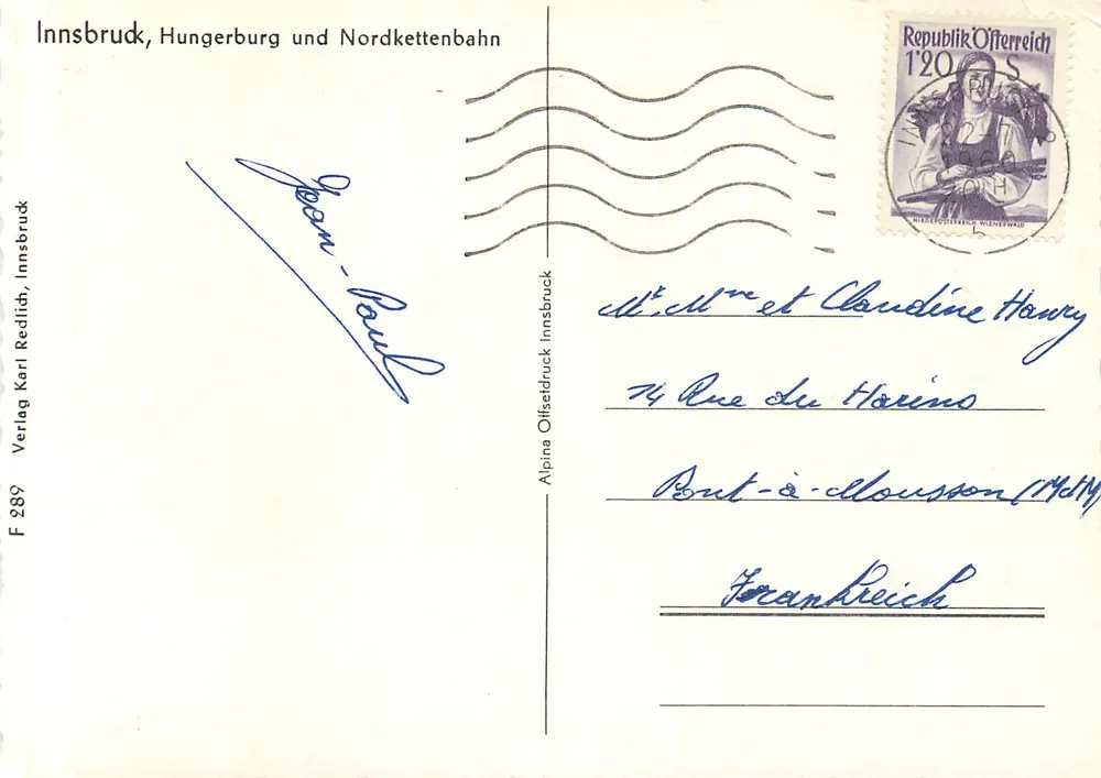 Innsbruck, Hungerburg und Nordkettenbahn — Verlag Karl Redlich, F 289 - Rückseite