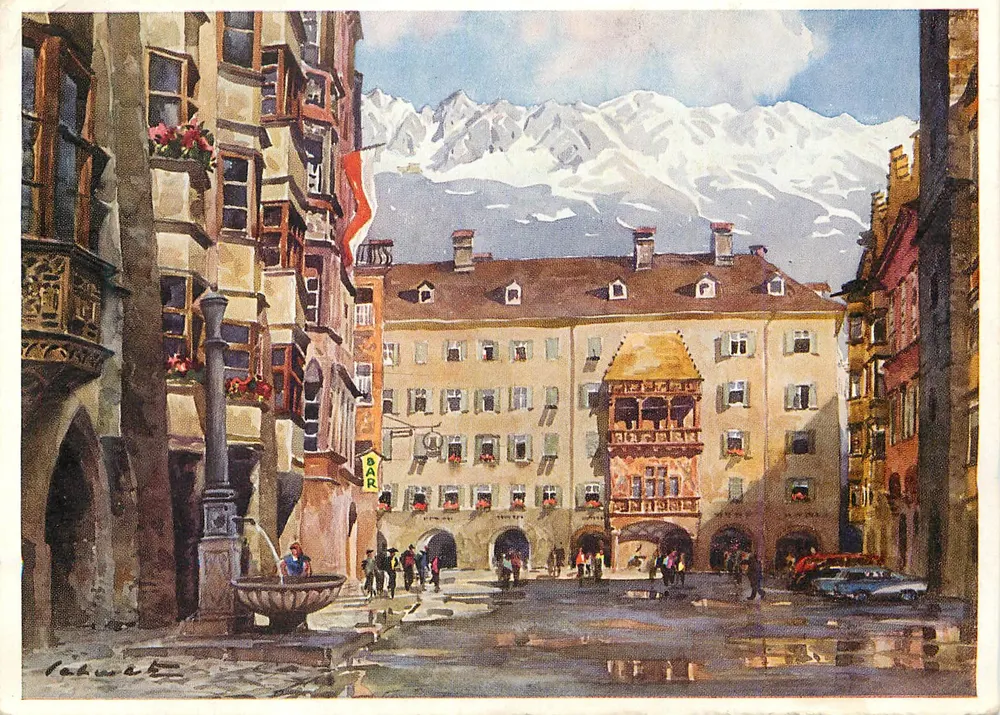 Innsbruck, Goldenes Dachl — vista da praça com montanhas nevadas — desenho de Franz Schweitzer - Frente
