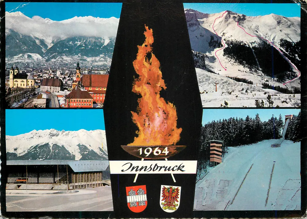 Innsbruck — panoramische Ansicht, Skier, Sprunglauf und Olympische Flamme — Tiroler Kunstverlag, n° 613 - Vorderseite