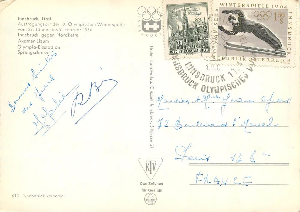 Innsbruck — panoramische Ansicht, Skier, Sprunglauf und Olympische Flamme — Tiroler Kunstverlag, n° 613 - Rückseite