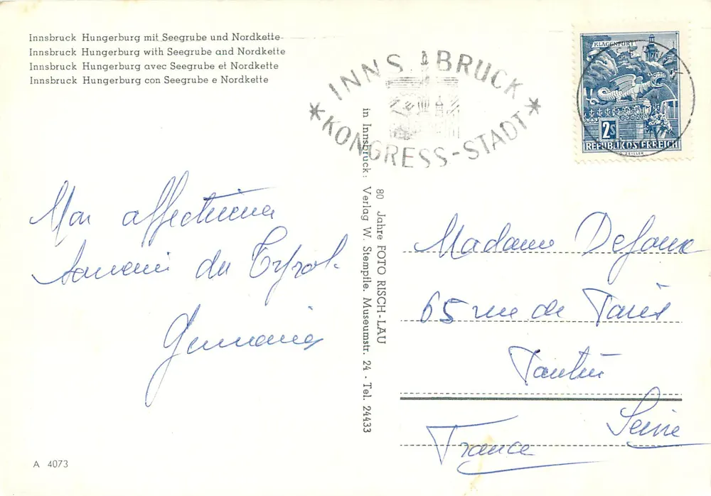 Innsbruck - Hungerburg mit Seegrube und Nordkette — Verlag W. Stempfe, n° A 4073 - Rückseite