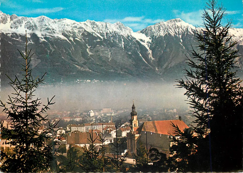 Vista de Innsbruck — montanhas nevadas no fundo — editor Verlag R. Reillich, n°5 - Frente