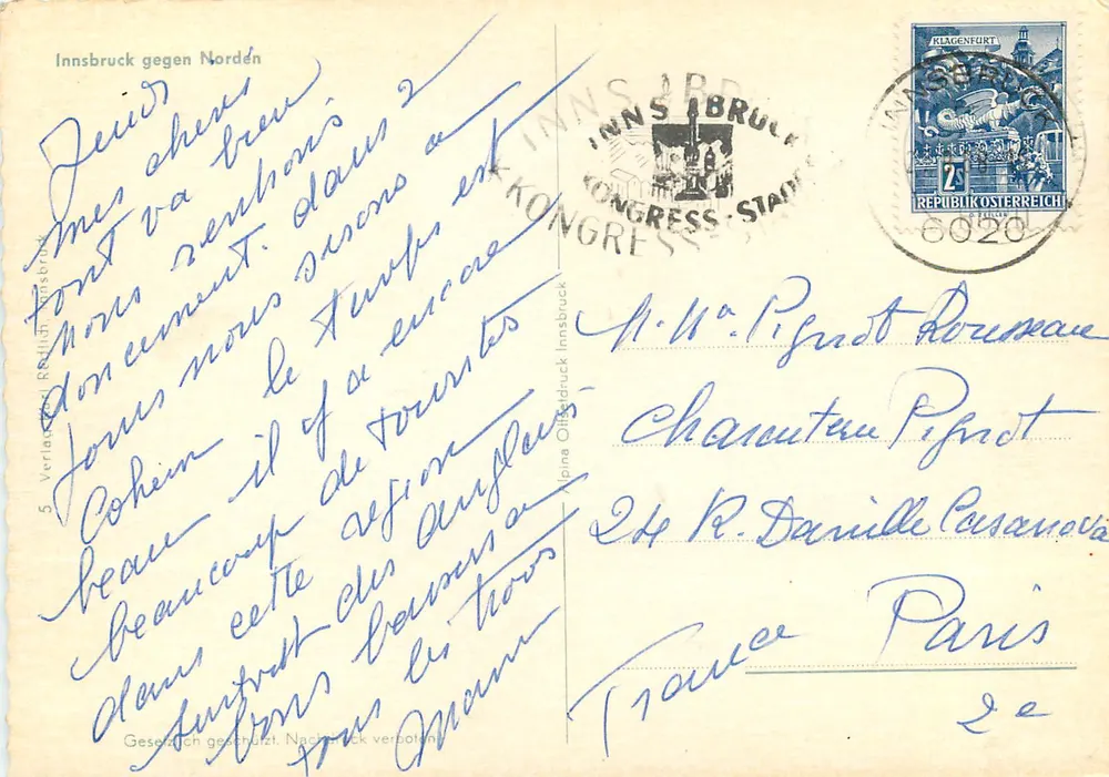 Vista de Innsbruck — montanhas nevadas no fundo — editor Verlag R. Reillich, n°5 - Verso