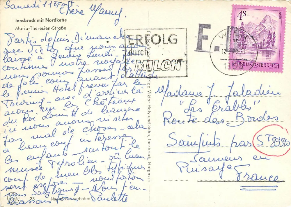 Innsbruck mit der Nordkette — Ansicht der Maria-Theresien-Straße — Verlag Vikt. Holy und Sohn - Rückseite