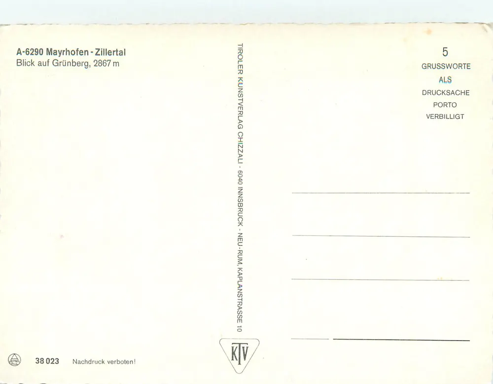 Mayrhofen — vue sur le Grünberg — éditeur Tirolien Kunstverlag Chizzal - Verso