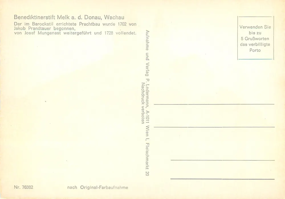 Abbey of Melk — view of the baroque castle on the Danube river — publisher P. Ledermann, no. 76382 - Back