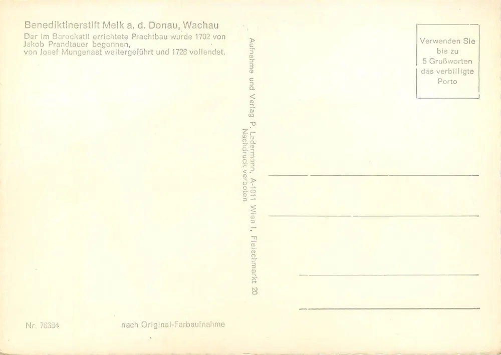 Benediktinerstift Melk a. d. Donau, Wachau — editore P. Ledermann, n° 76384 - Verso