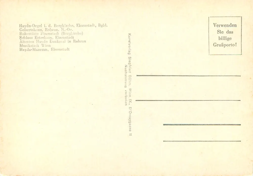 Josef Haydn — 1732 - 1809 — Kunstverlag Siegfried Böhm, Wien IX - Verso