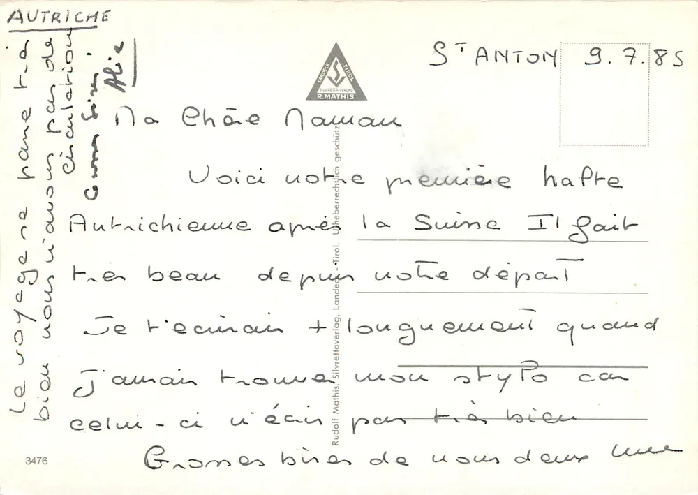 St. Anton Arlberg 1304 m — Tyrol — publisher R. Mathis, no. 3476 - Back