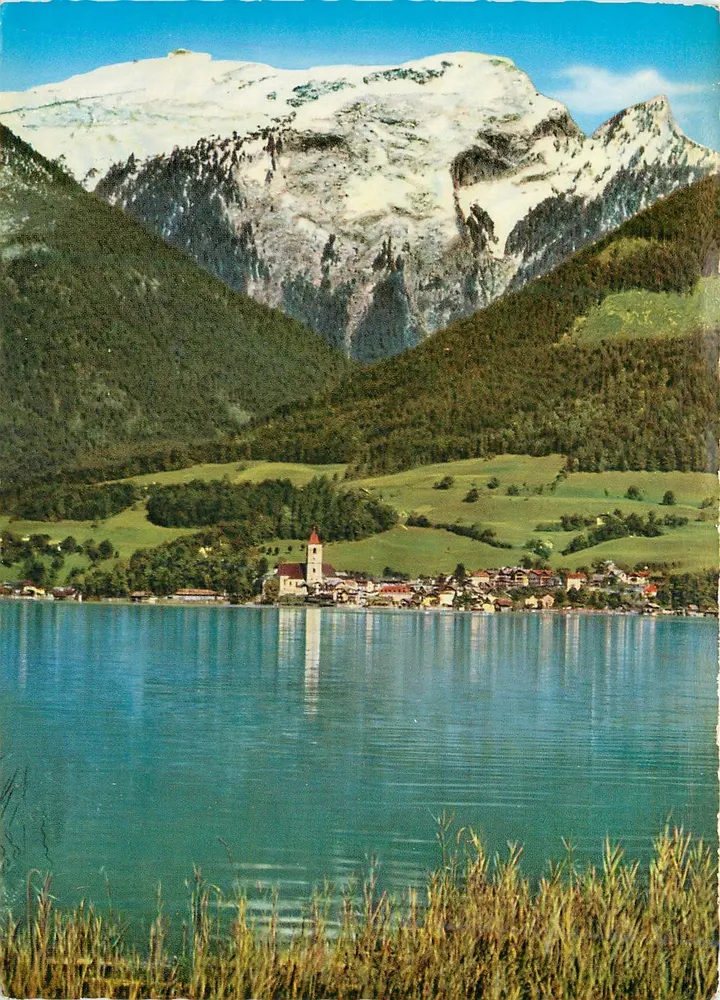 St. Wolfgang — Dorf am See mit dem Schafberg im Hintergrund — Verlag Albrecht Grünauer, Nr. FS 87 - Vorderseite
