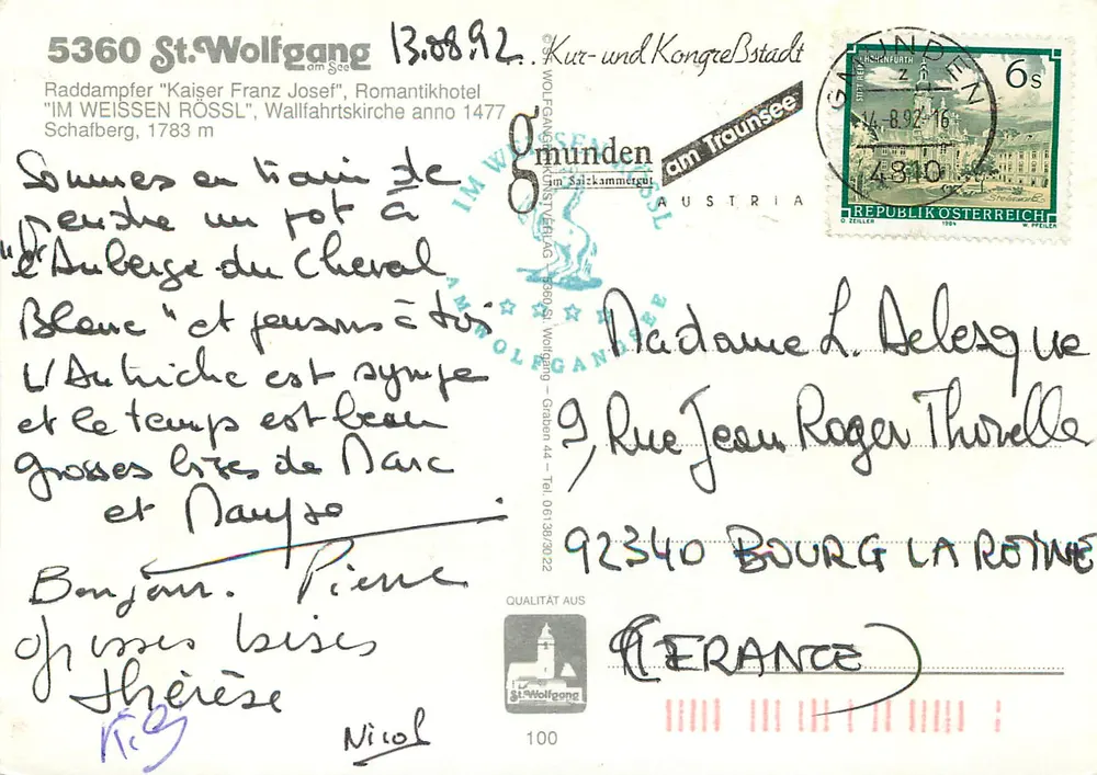 St. Wolfgang — Vista do lago com igreja e hotel — editor St. Wolfgang, n° 100 - Verso