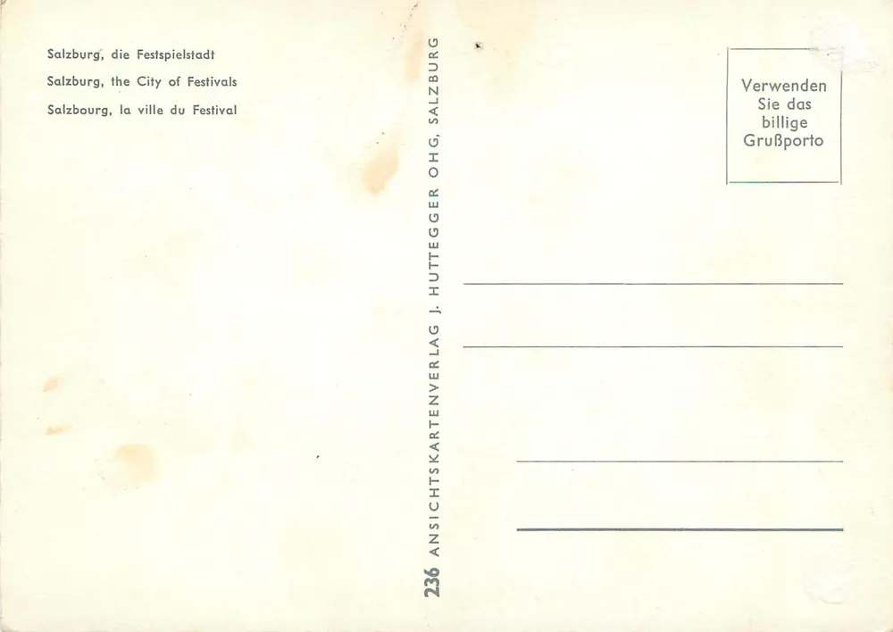 Salzburg — Stadt der Festivals — Verlag J. Huttegger, n° 236 - Rückseite