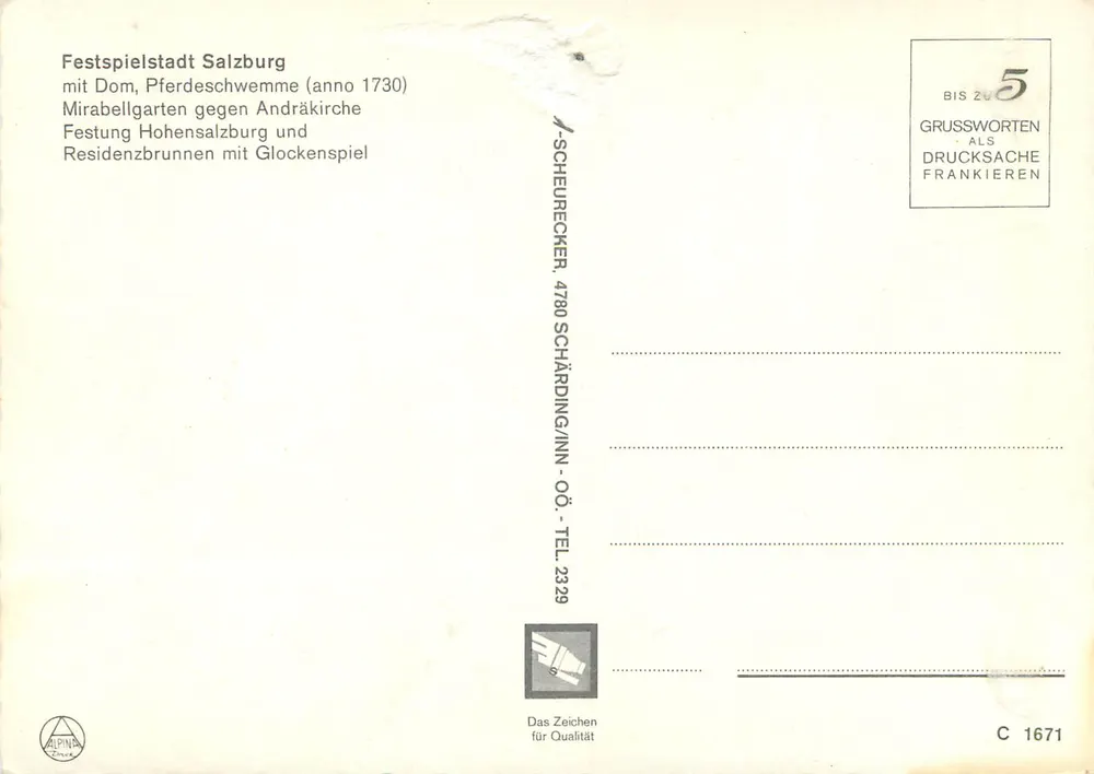 Salzburg — Collage ikonischer Sehenswürdigkeiten — Verlag Alpina, Nr. C 1671 - Rückseite