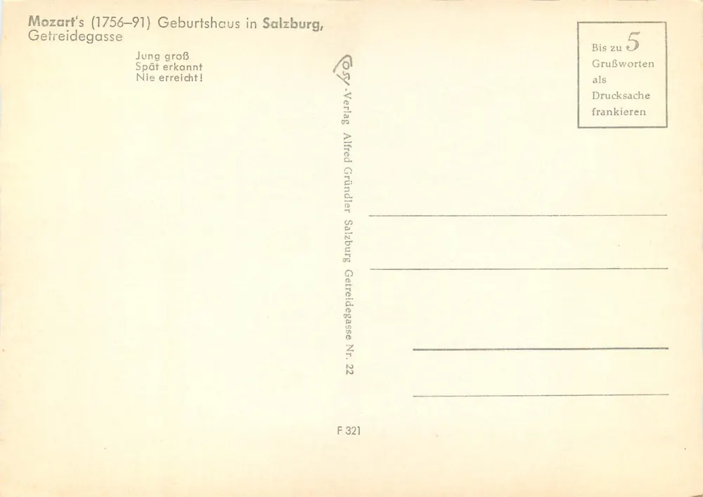 Mozarts Geburtshaus — Salzburg, Getreidegasse — Verleger Alfred Gründler, Nr. 22 - Rückseite