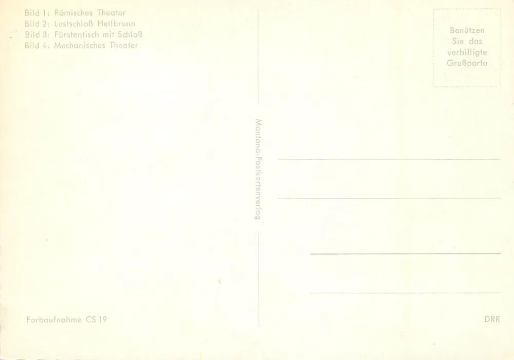 Wasserspiele Schloß Hellbrunn - Salzburg — Montana-Postkartenverlag, serie CS 19 - Achterkant
