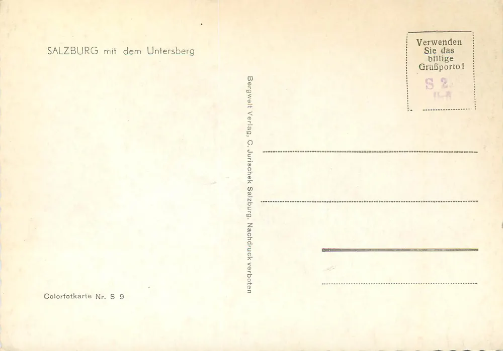 Salisburgo con l'Untersberg — Bergwelt Verlag, C. Jurischek Salisburgo, serie S 9 - Verso