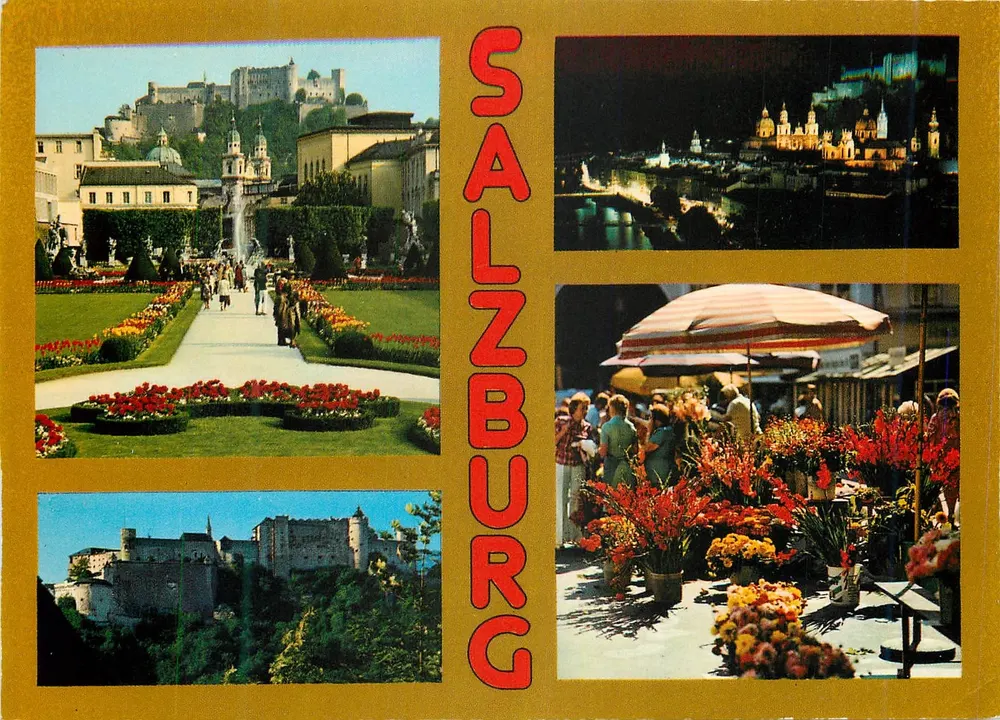 Salzburgo — vista do castelo, do jardim, da cidade à noite e do mercado de flores — editor Risch-Lau - Frente