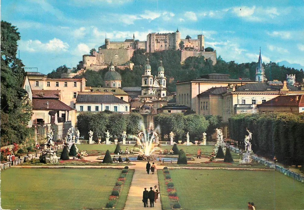 Salzbourg, Mirabellgarten — vista do castelo e dos jardins — Verlag Foto Rhomberg, Nr. 242 - Frente