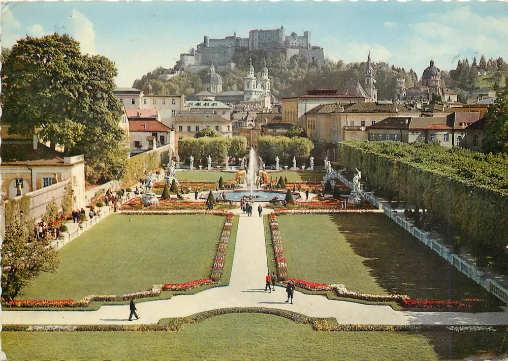 Salzburgo, Mirabellgarten — visão com castelo e fonte — editor C. Jiráschek, N° 529 - Frente