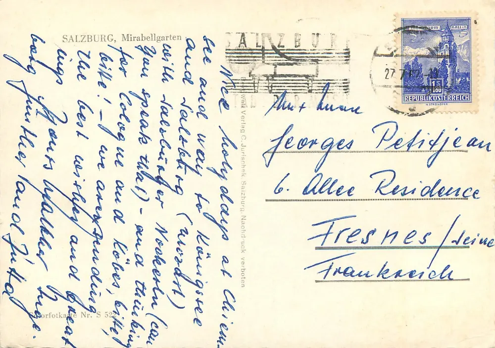 Salzburgo, Mirabellgarten — visão com castelo e fonte — editor C. Jiráschek, N° 529 - Verso