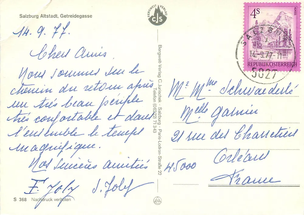 Salzburgo, Getreidegasse — vista da rua com lojas históricas — Bergwelt Verlag, n° S 368 - Verso