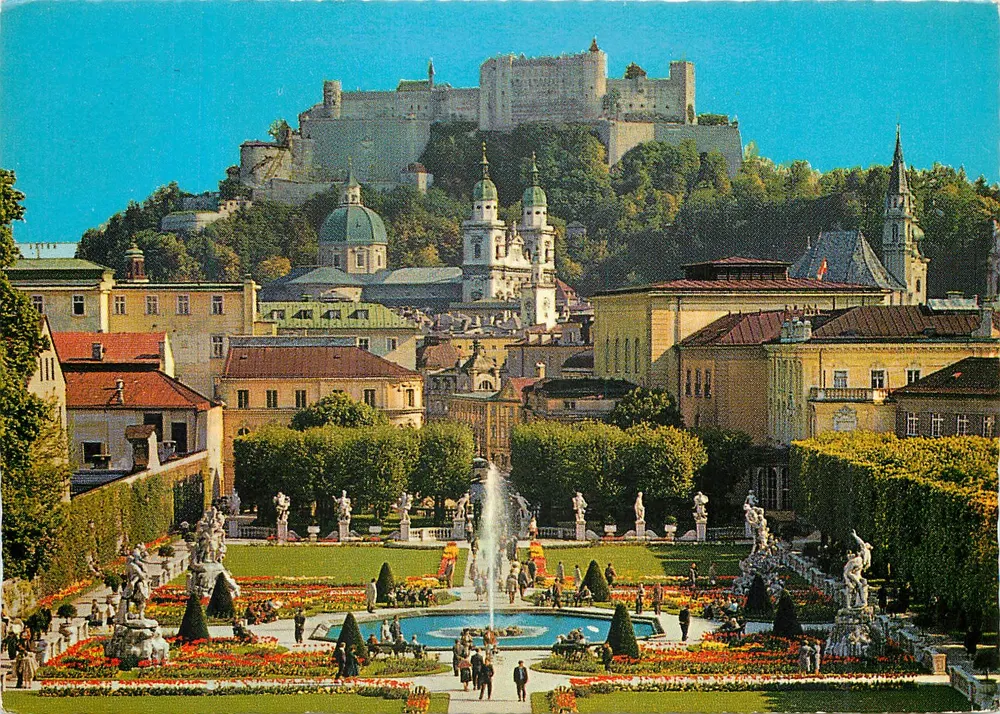 Salzburgo, Mirabellgarten — vista do castelo e dos jardins — Bergwelt Verlag, S 503 - Frente