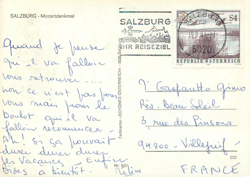 Salzburgo — vista da cidade e do monumento Mozart — editor Farbkarten - Verso