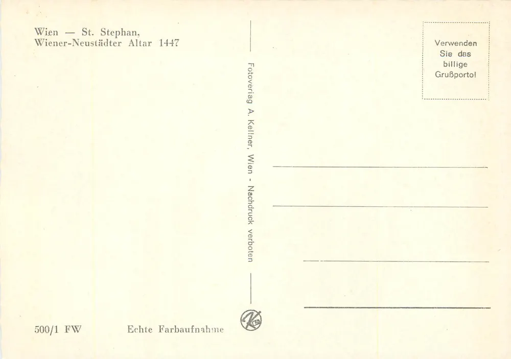 Wenen — Sint-Stefan, Altar van Wiener-Neustadt 1447 — Uitgever A. Kellner - Achterkant