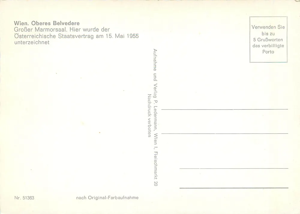 Wien. Oberes Belvedere — Großer Marmorsaal — Verlag P. Ledermann, Nr. 51363 - Rückseite