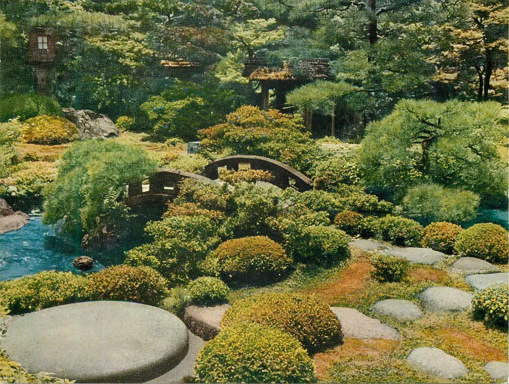 Jardim japonês — ponte de madeira e rochas — editor desconhecido - Frente