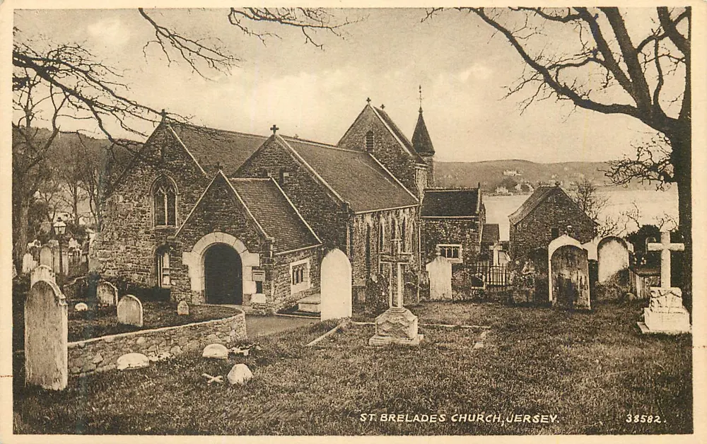 Kerk van St Brelades, Jersey — uitzicht op het kerkhof — Valentine's Postcard Ltd, n° 38582 - Voorkant
