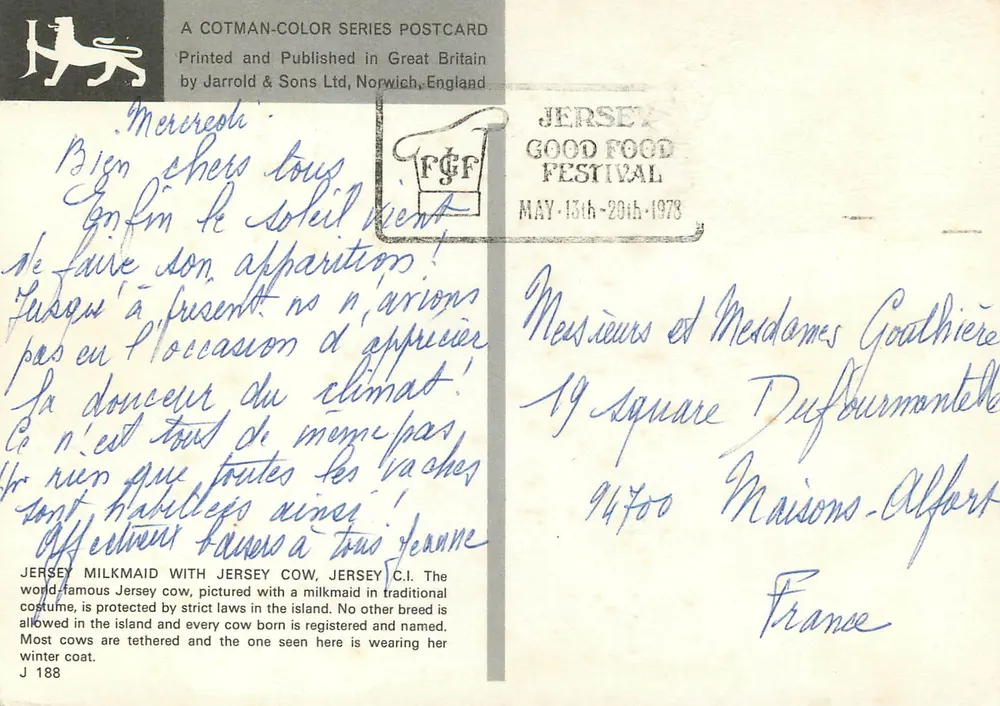 Jersey — Vache et laitière en costume traditionnel — Cotman-Color Series, Jarrold & Sons Ltd - Verso