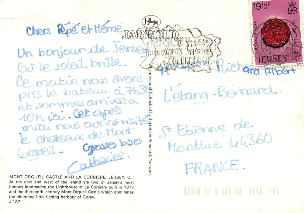 Mont Orgueil et phare de La Corbière — Jersey — éditeur Jarrow & Sons Ltd, Norwich - Verso